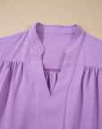 Solid Puff Sleeve Notched V-Neck Blouse