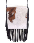 White Leather Hairon Fringe Western Crossbody Bag With Twelve Inch Fringe Detail