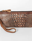 American Darling Wristlet Bag for Women, Crocodile Embossed Full Grain Leather Western Clutch with YKK Zipper & Wrist Strap