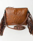American Darling Small Cross body Bag, Crocodile Embossed Full Grain Leather Western Purse with Fringes and YKK Zipper