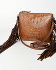American Darling Small Cross body Bag, Crocodile Embossed Full Grain Leather Western Purse with Fringes and YKK Zipper