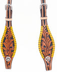 Bar H Equine Western Horse Genuine Leather Floral Design Buckstitch One Ear Headstall Tan