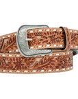 42 in 3D Mens Floral Embossed Buckstitch Western Belt Natural