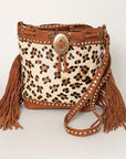 American Darling Bucket Bag Hair-On Cowhide Genuine Leather Fringes Riveted Drawstring Western Purse 11in X 13in X 5in