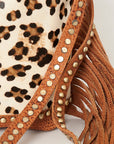American Darling Bucket Bag Hair-On Cowhide Genuine Leather Fringes Riveted Drawstring Western Purse 11in X 13in X 5in
