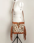 American Darling Bucket Bag Hair-On Cowhide Genuine Leather Fringes Riveted Drawstring Western Purse 11in X 13in X 5in