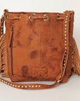 American Darling Bucket Bag Hair-On Cowhide Genuine Leather Fringes Riveted Drawstring Western Purse 11in X 13in X 5in