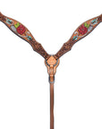 Bar H Equine Western Horse Genuine Leather Floral Design Hand Painted Breast Collar Tan