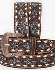 BAR H EQUINE Genuine White Flower Hand Painted Western Leather Men And Women Belt Dark Brown
