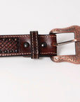 BAR H EQUINE Red Beaded Black Crystal Hand Carved Western Leather Belt Antique Brown