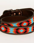BAR H EQUINE Red Crystal Beaded Floral Hand Carved Western Leather Men And Women Belt Brown