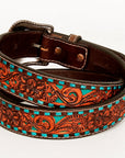 BAR H EQUINE Turquoise Buckstitch Floral Hand Carved Western Leather Men And Women Belt