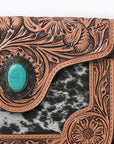 American Darling Cross body Bag Western Leather Hair-On Cowhide Hand Tooled Floral Turquoise Concho 8in x 10in