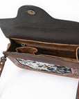 American Darling Cross body Bag Western Leather Hair-On Cowhide Hand Tooled Floral Turquoise Concho 8in x 10in