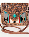 American Darling Cross body Bag Western Leather Hair-On Cowhide Hand Tooled Floral Turquoise Concho 8in x 10in