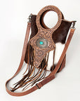American Darling Clutch Bag Western Leather Hand Tooled Floral Carved Hair-On Cowhide Turquoise Concho & Fringes 14x12
