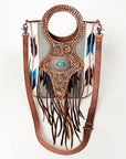 American Darling Clutch Bag Western Leather Hand Tooled Floral Carved Hair-On Cowhide Turquoise Concho & Fringes 14x12