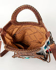 American Darling Clutch Bag Western Leather Hand Tooled Floral Carved Hair-On Cowhide Turquoise Concho & Fringes 14x12