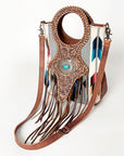 American Darling Clutch Bag Western Leather Hand Tooled Floral Carved Hair-On Cowhide Turquoise Concho & Fringes 14x12
