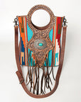 American Darling Clutch Bag Western Leather Hand Tooled Floral Carved Hair-On Cowhide Turquoise Concho & Fringes 14x12