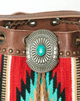 American Darling Bucket Bag Western Leather Hand Woven Saddle Blanket Turquoise Concho Fringes Tassels 11in x 14in