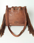American Darling Bucket Bag Western Leather Hand Woven Saddle Blanket Turquoise Concho Fringes Tassels 11in x 14in