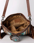 American Darling Bucket Bag Western Leather Hand Woven Saddle Blanket Turquoise Concho Fringes Tassels 11in x 14in