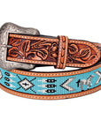 Bar H Equine Hand Carved Western Leather Belt Men Women Beaded