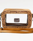 Clear Crossbody Bag With Hand Tooled Tan Leather Trim