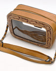 Clear Crossbody Bag With Hand Tooled Tan Leather Trim
