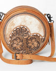 American Darling Canteen Bag Western Leather Hand Tooled Floral Carved Hair-On Cowhide Buck Stitched 10in x 10in