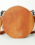 American Darling Canteen Bag Western Leather Hand Tooled Floral Carved Hair-On Cowhide Buck Stitched 10in x 10in