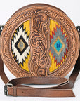 American Darling Canteen Bag Western Leather Hand Tooled Floral Carved Hair-On Cowhide Buck Stitched 10in x 10in