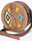 American Darling Canteen Bag Western Leather Hand Tooled Floral Carved Hair-On Cowhide Buck Stitched 10in x 10in