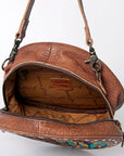 American Darling Canteen Bag Western Leather Hand Tooled Floral Carved Hair-On Cowhide Buck Stitched 10in x 10in
