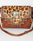 American Darling Messenger Bag Western Leather Hand Tooled Floral Carved Hair-On Cowhide Buckstitched 12in x 16in