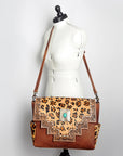 American Darling Messenger Bag Western Leather Hand Tooled Floral Carved Hair-On Cowhide Buckstitched 12in x 16in