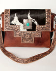 American Darling Messenger Bag Western Leather Hand Tooled Floral Carved Hair-On Cowhide Buckstitched 12in x 16in