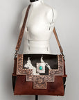 American Darling Messenger Bag Western Leather Hand Tooled Floral Carved Hair-On Cowhide Buckstitched 12in x 16in