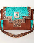 American Darling Messenger Bag Western Leather Hand Tooled Floral Carved Hair-On Cowhide Buckstitched 12in x 16in