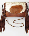 American Darling Cross body Bag Western Leather Hair-On Cowhide Braided Detail with Fringes 8in x 11in