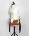 American Darling Cross body Bag Western Leather Hair-On Cowhide Braided Detail with Fringes 8in x 11in
