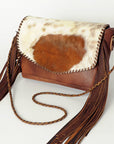 American Darling Cross body Bag Western Leather Hair-On Cowhide Braided Detail with Fringes 8in x 11in
