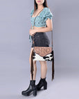 American Darling Cross body Bag Western Leather Hair-On Cowhide Braided Detail with Fringes 8in x 11in
