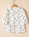 Ezra Bowknot Print Front Knots Bubble Sleeve Blouse