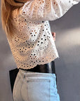Eyelet Embroidered Puff Sleeve Cropped Shirt