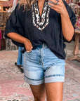 Leopard Patchwork Dolman Sleeve V-Neck Blouse