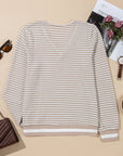 Stripe Textured Knit Long Sleeve V-Neck Top