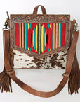 American Darling Messenger Bag for Women, Hand Tooled Floral Leather, Hair-On Cowhide, Saddle Blanket, Genuine Western Leather