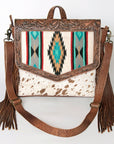 American Darling Messenger Bag for Women, Hand Tooled Floral Leather, Hair-On Cowhide, Saddle Blanket, Genuine Western Leather
